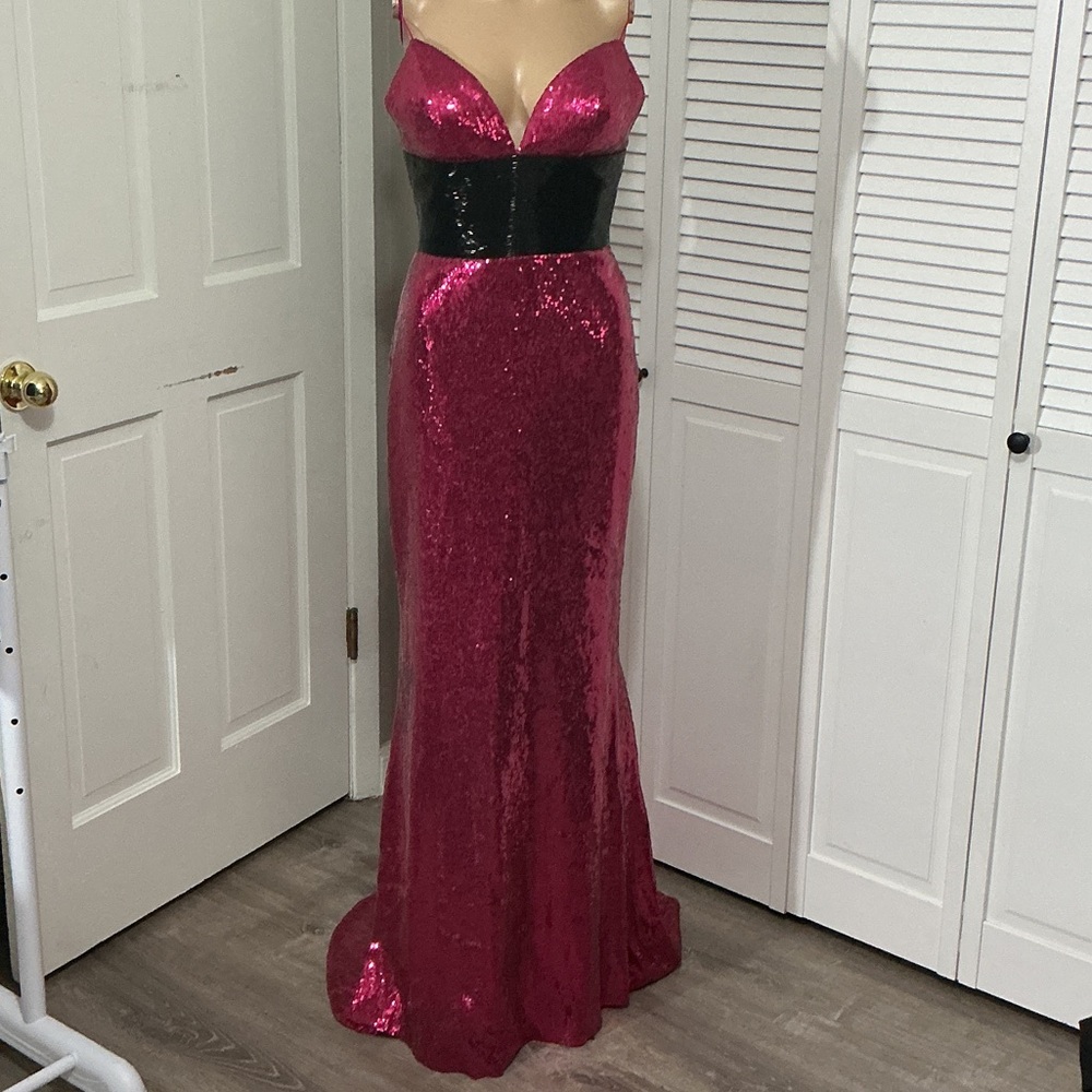 Sherri Hill Fuchsia Sequin Gown with Black Waist